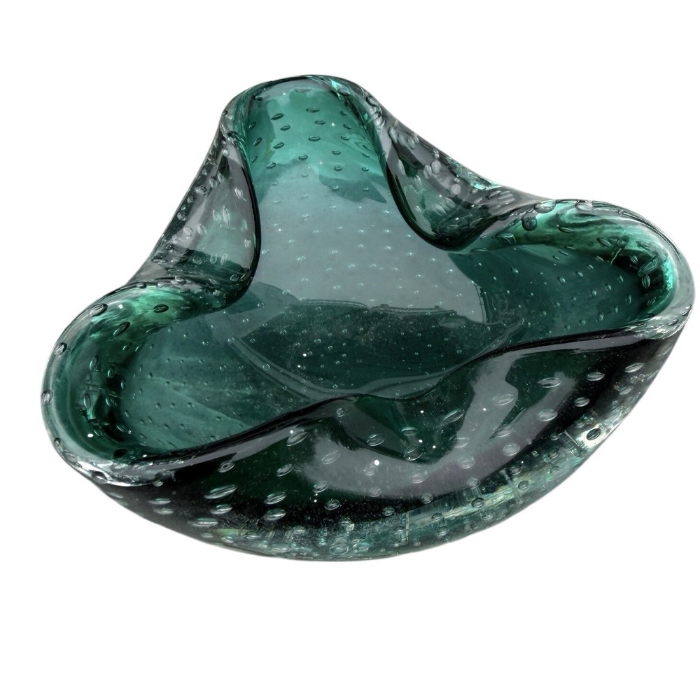 Vintage Teal Green Bullicante Art Glass Bowl Murano Style Controlled Bubble MCM